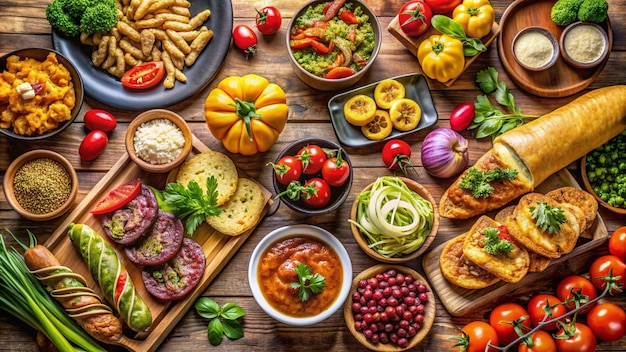 Foto un tavolo pieno di cibo, comprese verdure, pomodori e altre verdure