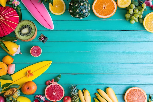 Foto un tavolo con una tavola con molti frutti e una tavola rosa con una tavolo da surf rosa su di essa