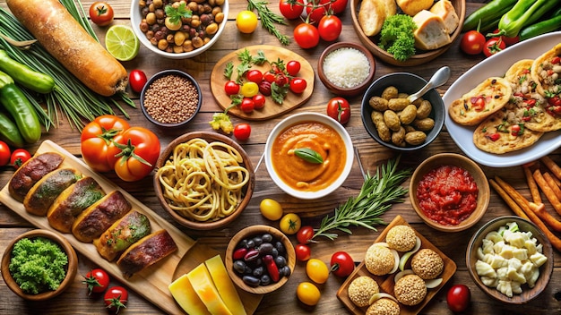 Foto un tavolo con molti cibi diversi tra cui fagioli, fagioli e verdure