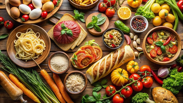 Foto un tavolo con molti cibi diversi tra cui verdure frutta e verdure