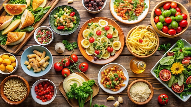 Foto un tavolo con molti piatti di cibo tra cui verdure pasta e verdure