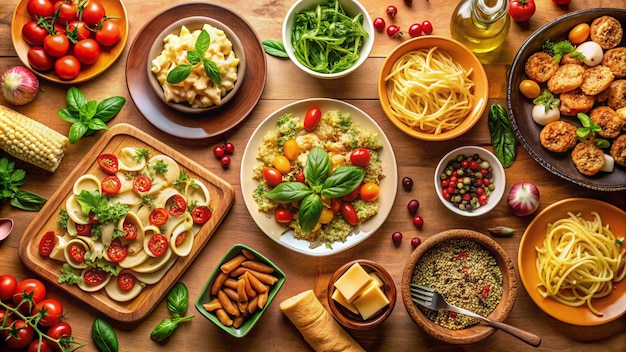 Foto un tavolo con un piatto di cibo tra cui un'insalata e una bottiglia di vino