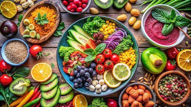 Foto un tavolo con un piatto di frutta e verdura, compresi fagioli, noci e noci