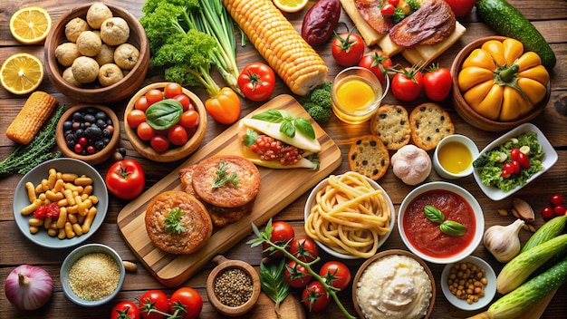 Foto un tavolo con una varietà di cibi tra cui pasta, carne e verdure