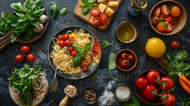 Foto un tavolo con una varietà di cibi tra cui verdure e pasta