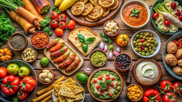 Foto un tavolo con una varietà di cibi tra cui una varietà di alimenti tra cui verdure al formaggio e altri cibi