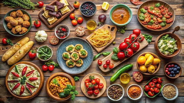 Foto un tavolo con una varietà di cibi tra cui verdure e frutta e verdura