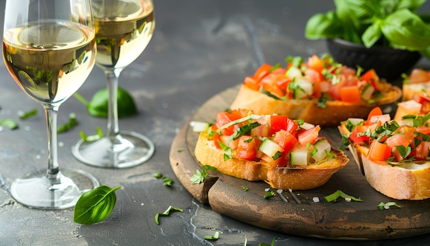 Foto bruschetta gustosa servita con vino bianco a tavola