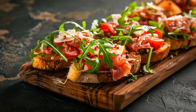 Foto bruschetta gustosa con prosciutto, formaggio arugula e pomodoro su tavola di legno