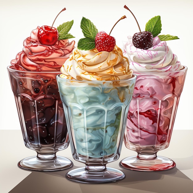 Premium Photo | Three different colored ice cream sundaes with cherries ...