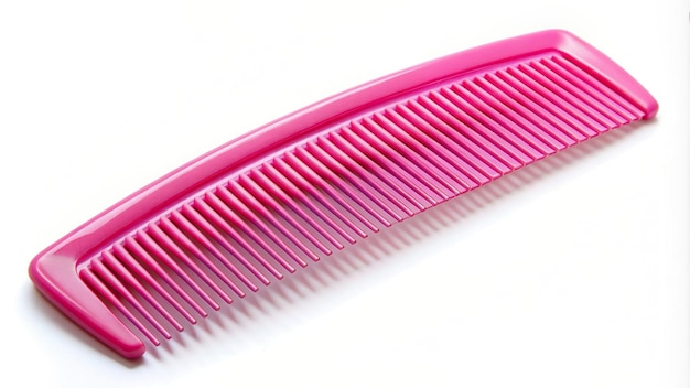 Foto accessoire per capelli trasparente per la cura personale, elegante per l'igiene, eleganza, bellezza, acconciatura, attrezzo per lo styling, pettine cosmetico, pettine di plastica rosa, elegante, isolato su sfondo bianco, macro