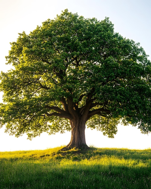 Foto un albero con una cima a foglia verde siede in un campo