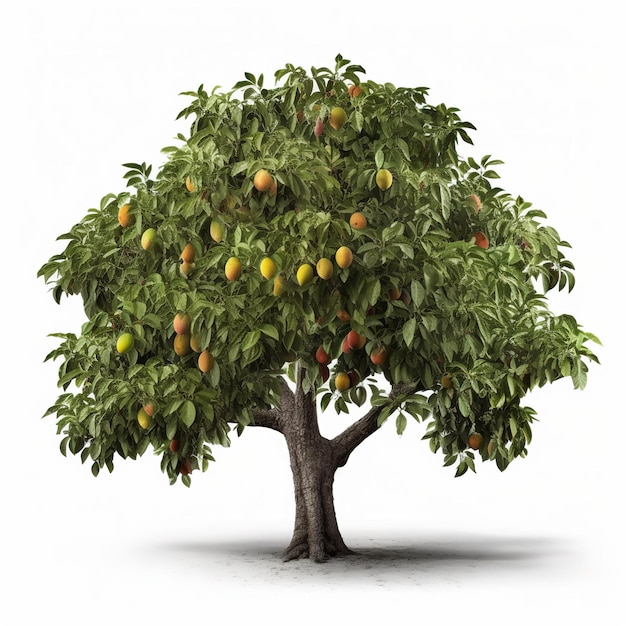 A tree with mangoes on it is in a white background.