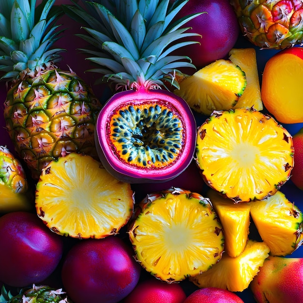 Foto sfondio di frutta tropicale ananas prugna frutta della passione mango