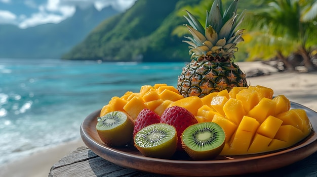 Foto piatto di frutta tropicale su un piatto di legno con vista sull'oceano