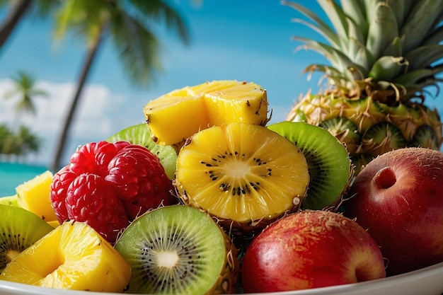 Foto insalata di frutta tropicale con ananas, cocco e kiwi