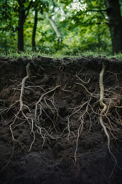 Foto immagine sotterranea di radici di alberi che crescono nel suolo con spazio vuoto per la copia