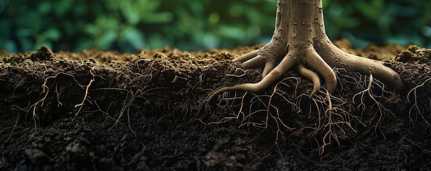 Foto immagine sotterranea di radici di alberi che crescono nel suolo con spazio vuoto per la copia