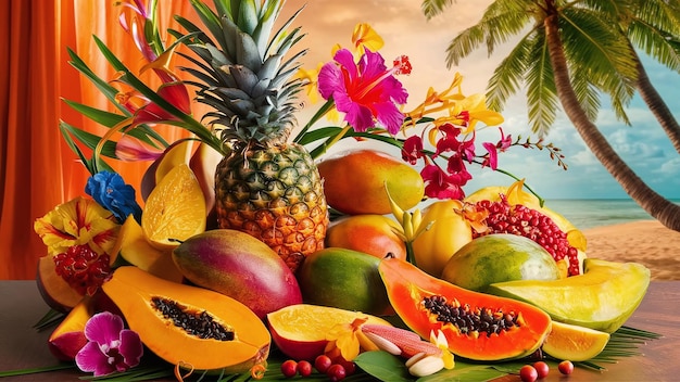 Foto una varietà di frutti, tra cui ananas, mango e papaya, sono disposti in modo stravagante