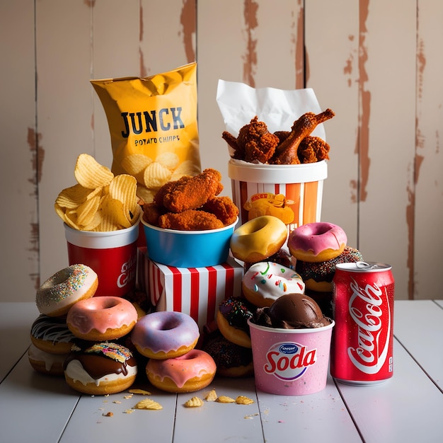 Foto una varietà di spuntini tra cui un sacchetto di patatine e una coca cola