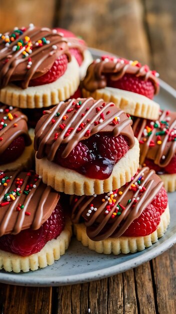 Foto biscotti vegani con marmellata di lamponi immersi in glassa al cioccolato e spruzzate