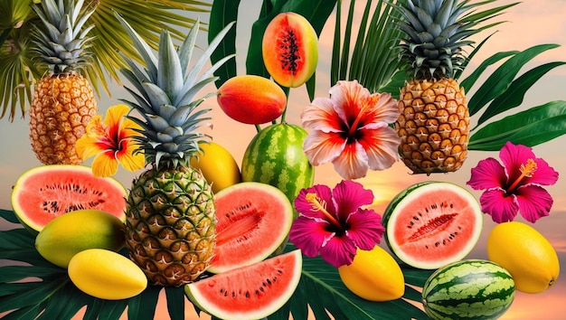 Foto un assortimento vibrante e colorato di frutta e fiori tropicali sullo sfondo di collage