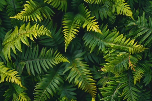 Foto vibranti felci verdi in primo piano su sfondo scuro ideali per disegni a tema tropicale e botanico