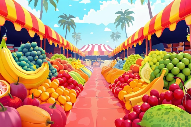 Foto un'illustrazione vivace di un mercato tropicale fiancheggiato da colorate bancarelle di frutta banane gialle brillanti e ciliegie rosse sono esposte in modo prominente