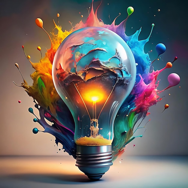 Foto vibrant light bulb paint splash un'esplosione creativa