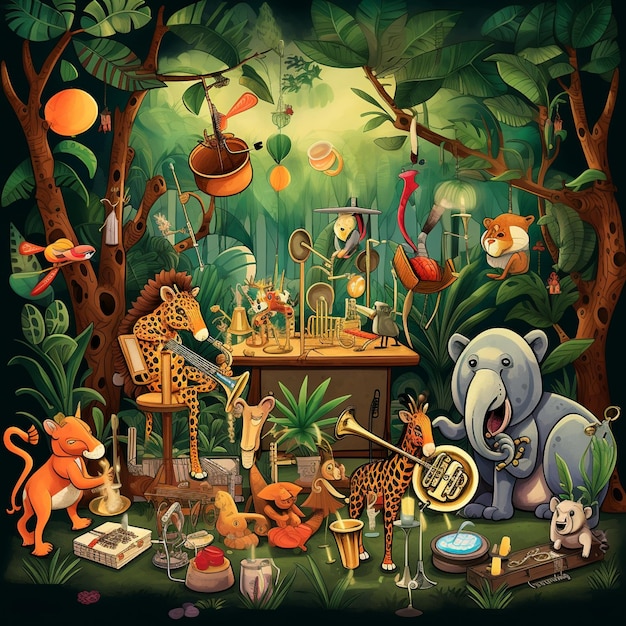 Vibrant and Surreal Jungle Scene with Animals Playing Jazz Instruments