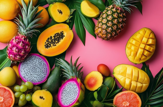 Foto frutta tropicale vivace disposta su uno sfondo rosa