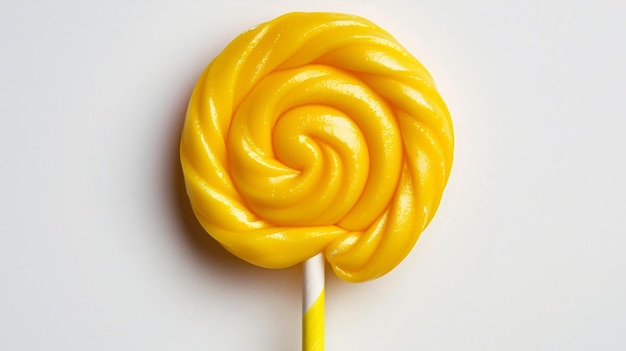 Foto lollipop di plastica giallo vibrante su sfondo bianco