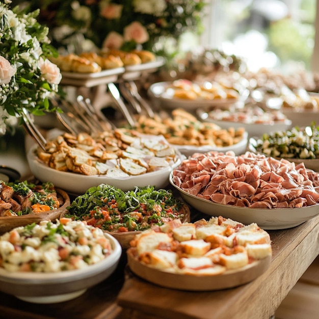 Foto un'immagine di un buffet per un ricevimento nuziale con una varietà di piatti