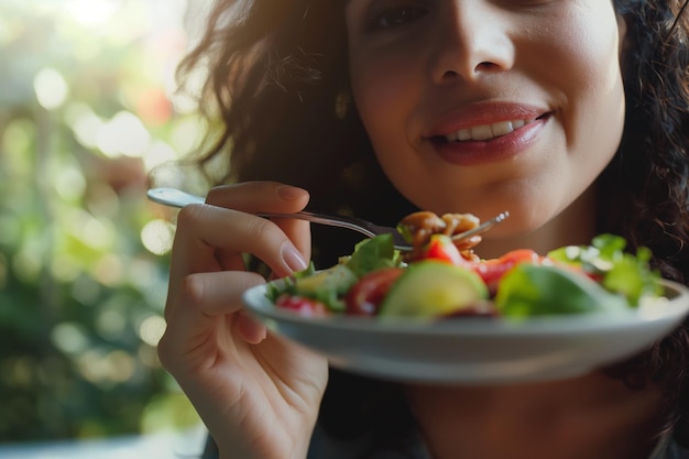 Foto donna che si gode di insalata fresca all'aperto con luce naturale e sfondo verde