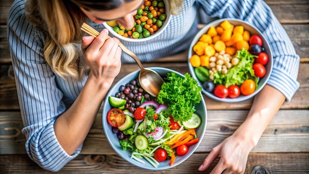 Foto una donna sta mangiando un pasto con un piatto di cibo con un cucchiaio