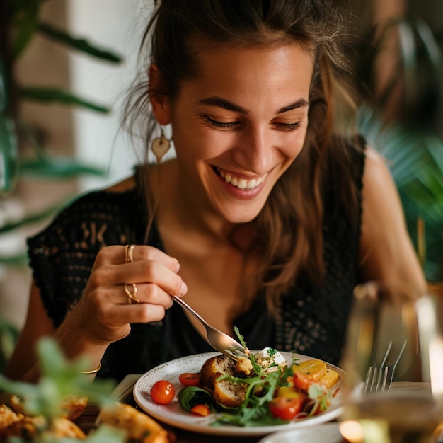 Foto una donna sta mangiando un pasto con un piatto di cibo