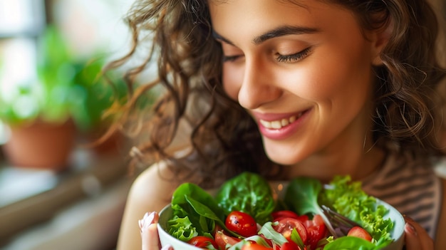 Foto una donna sta tenendo una ciotola di insalata con una scodella di verdure