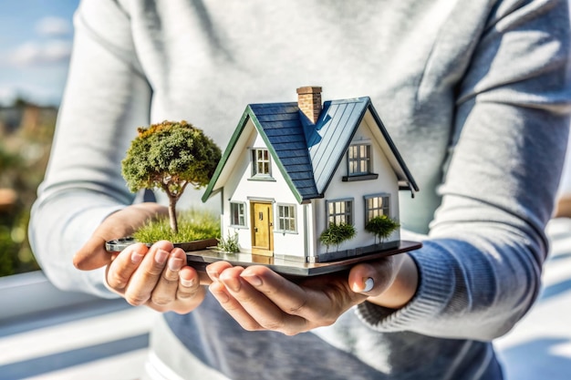 Foto una donna tiene una casa modello con un albero di fronte