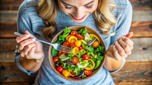 Foto una donna tiene un piatto di insalata con una forchetta e un'insalata