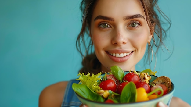 Foto ritratto di donna e insalata felice e verdure per la salute e nutrizionista in isolato ai generativa