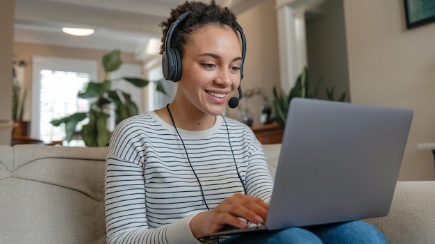 Foto una donna che indossa un auricolare con un auricolari sulla testa