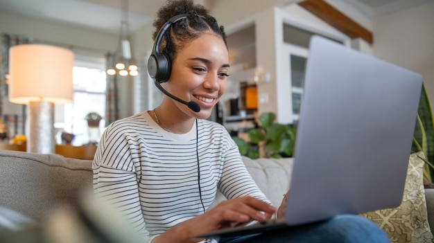 Foto una donna che indossa un auricolari con un auricolare e un portatile