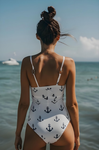 Foto una donna in costume da bagno bianco si trova sulla spiaggia a guardare l'oceano