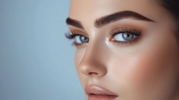 Foto una donna con le sopracciglia arcuate audaci in un look di trucco glamour che evidenzia l'effetto drammatico di sopraccigli ben definiti