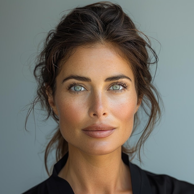 Foto una donna con un occhio verde e una camicia nera