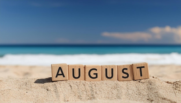 Foto cubi di legno con la parola augusto contro la spiaggia di sabbia viaggi e vacanze concetto di tempo estivo