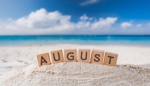 Foto cubi di legno con la parola augusto contro la spiaggia di sabbia viaggi e vacanze concetto di tempo estivo