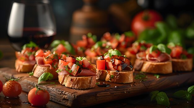 Foto una tavola da taglio in legno coperta di fette di pane e pomodori accanto a un bicchiere di vino