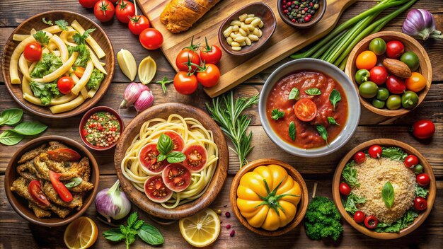 Foto un tavolo di legno con ciotole di cibo tra cui pasto, pomodori e verdure