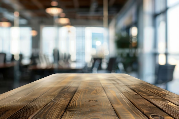 Foto un tavolo di legno con una vista di una stanza con alcune sedie e una pianta in vaso generativa ai immagine